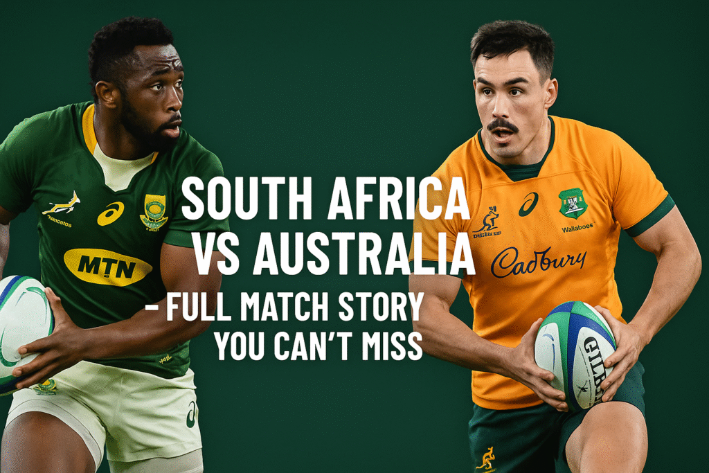 Rugby players from South Africa and Australia in action during a high-intensity match, promoting the South Africa vs Australia full match story.