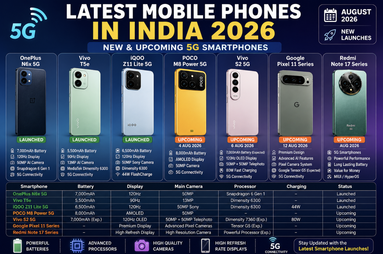 New and Upcoming 5G Smartphones in India August 2026 New and upcoming 5G smartphones in India August 2026