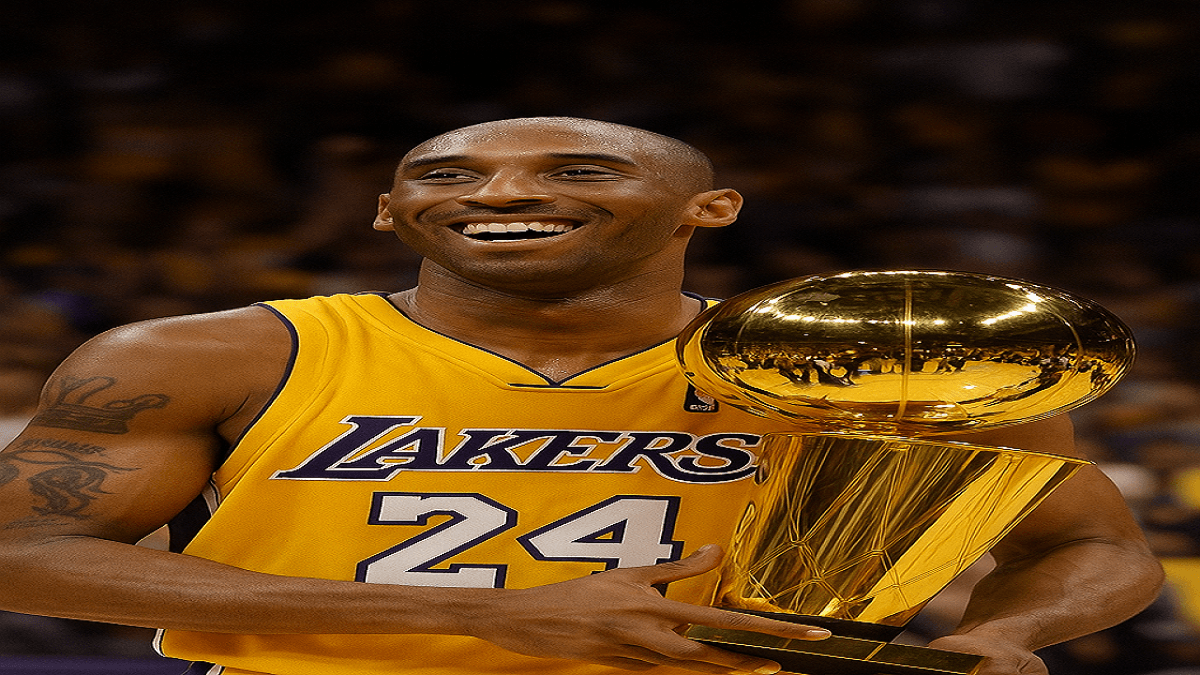 Kobe Bryant celebrating an NBA Championship victory with the Los Angeles Lakers, holding the Larry O’Brien Trophy 1 kobe bryant