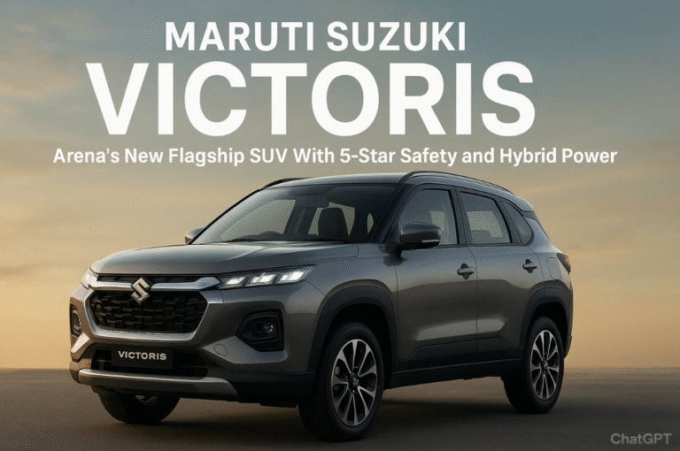 Maruti Suzuki Victoris SUV – 5-star Bharat NCAP, hybrid & CNG options, ADAS safety, premium design. Book now at ₹11,000